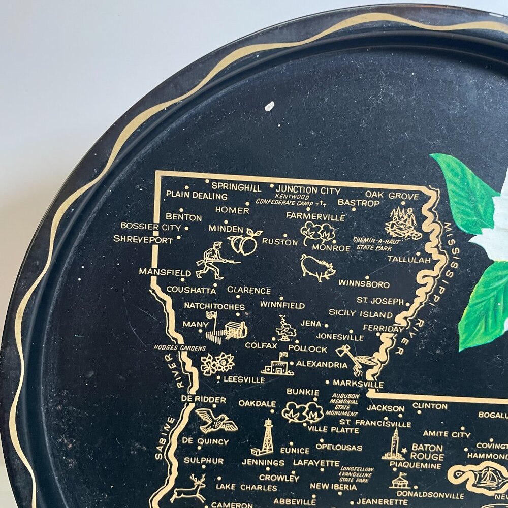 Vintage State of Louisiana Souvenir Tray Black Metal Travel Magnolia Pelican - Picture 4 of 6